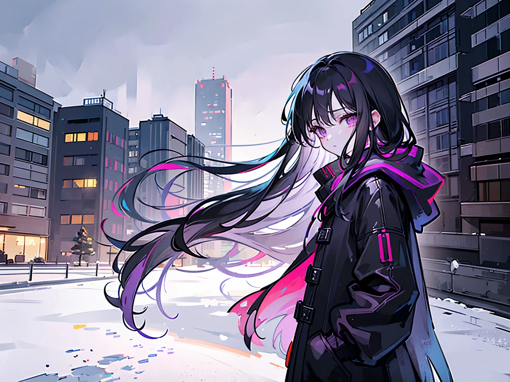 (best quality,ultra-detailed,vibrant colour) solo, 1 girl, long black hair, purple eyes, long coat, scraf, city, panel houses, post-Soviet, snow, winter, outdoors, not looking at viewer, gray sky, snowfall,