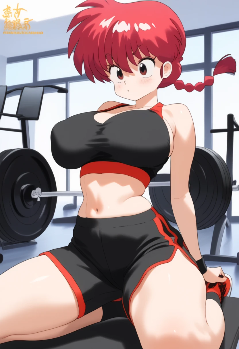  Ranma saotome , red hair, braided hair, Big boobs, NSFW, Pecho enorme, redondo,  inflated and overfilled breasts, large implants, abdomen sexy, beautiful face, pose sexy,  Beautiful woman, fullbody, workout clothes, black exercise top,  black shorts,  bare navel ,  thick thighs 