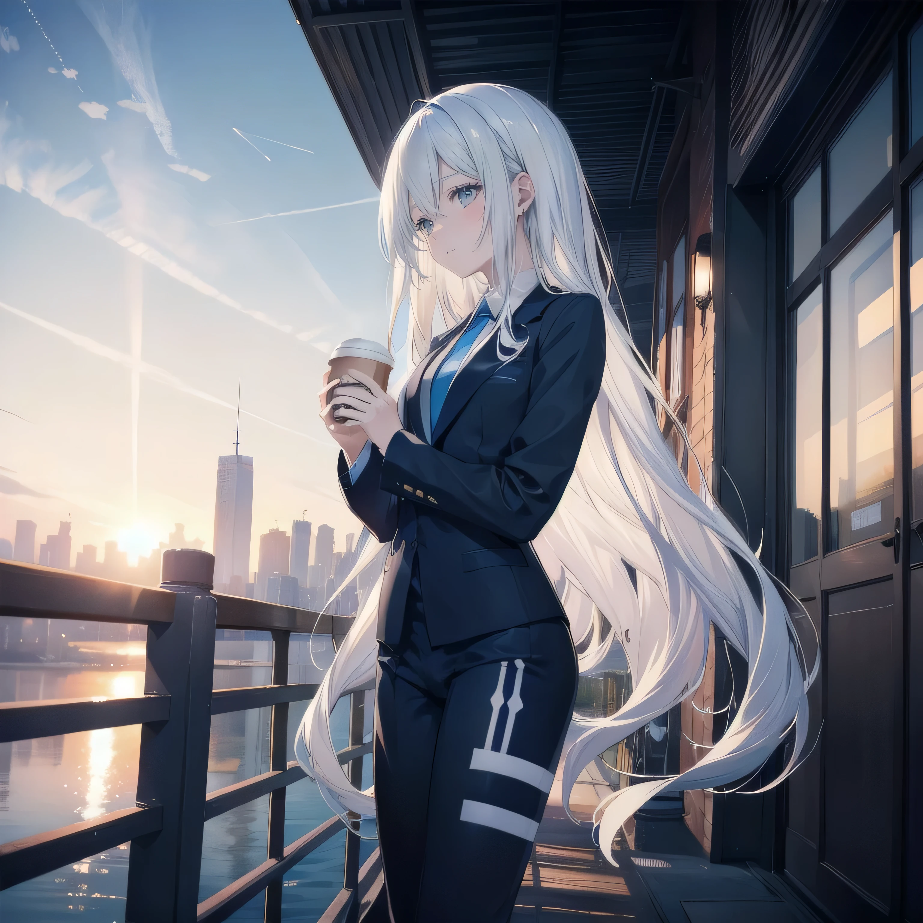 (masterpiece), (best quality), ultra detailed, finely detailed color, cenematic painting, bishoujo, ((one lady)), teenager, cute face, white hair, absurdly long hair, straight hair, ((deep blue eyes:1.5)), (holding coffee:1.4), ((business suit:1.5)), black suit, ((after sundown)), ((looking up the sky)), ((sky background)), standing, faint smile, ((railings)), skyline, slender body, small chest, profile