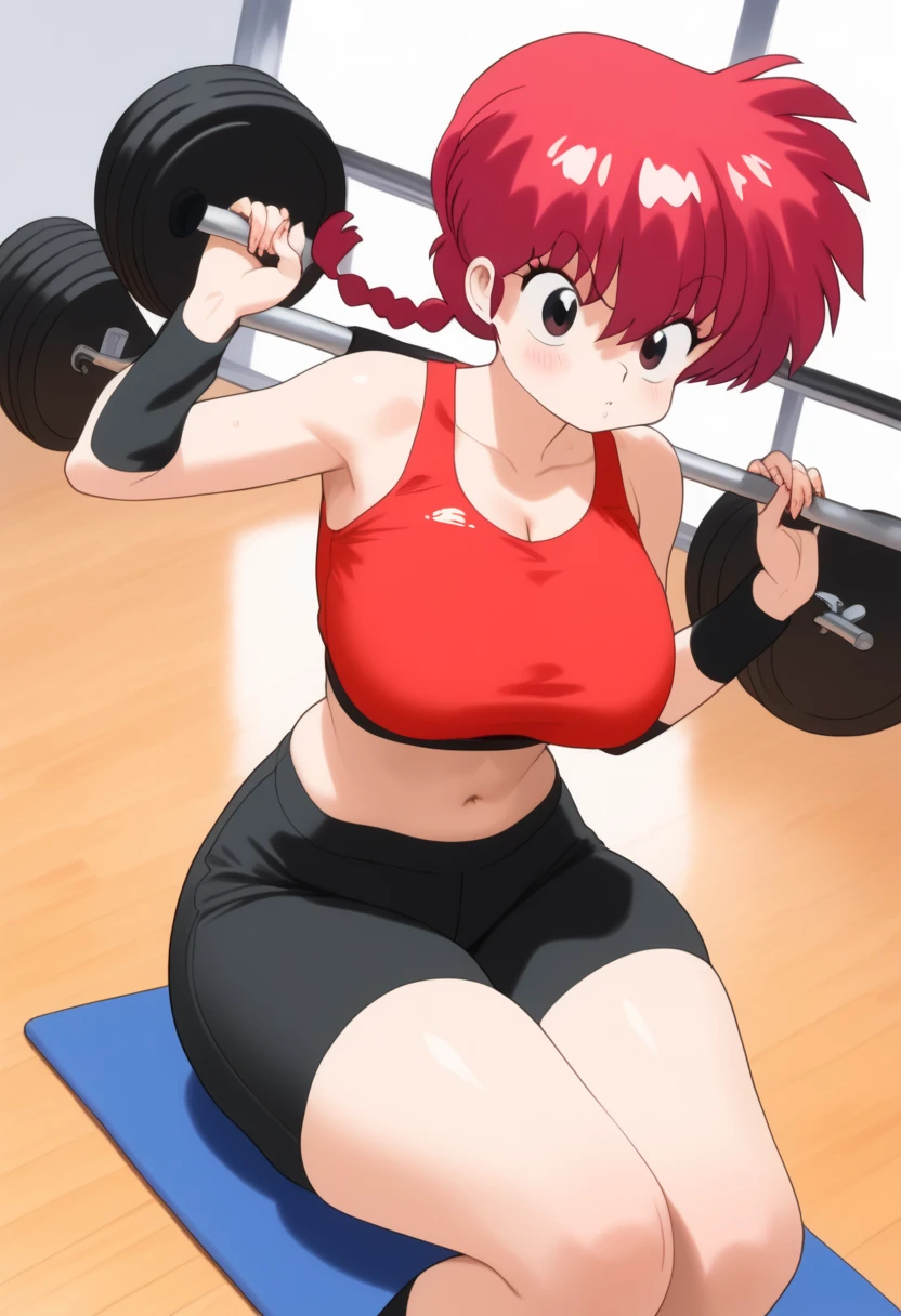  Ranma saotome , red hair, braided hair, Big boobs, NSFW, Pecho enorme, redondo,  inflated and overfilled breasts, abdomen sexy, beautiful face, pose sexy,  Beautiful woman, fullbody, workout clothes, black exercise top,  black shorts,  bare navel ,  thick thighs 