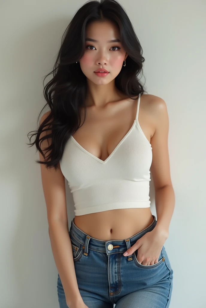 Obra maestra, La mejor calidad, ultrahigh resolution, Foto de alto detalle, Unidad 8K Fondo de pantalla, CG extremadamente detallado:1.2),(Foto RAW,:1.realistic photography:1.4), 1girll , joven, physically based representation, Lindo, (Cara finamente detallada:1.4, Ropa detallada), (Detallado:1.4) Cara hermosa, Profundidad de campo, Agregar capa, hiperrealista, 27 years old, Modelo de cuerpo perfecto, senos perfectos, 175cm de altura, pose sexy, cuerpo completo, Tipo de cuerpo del modelo, white crop top, blue jean, Cabello largo, Eimi Fukada, doble parpado,
