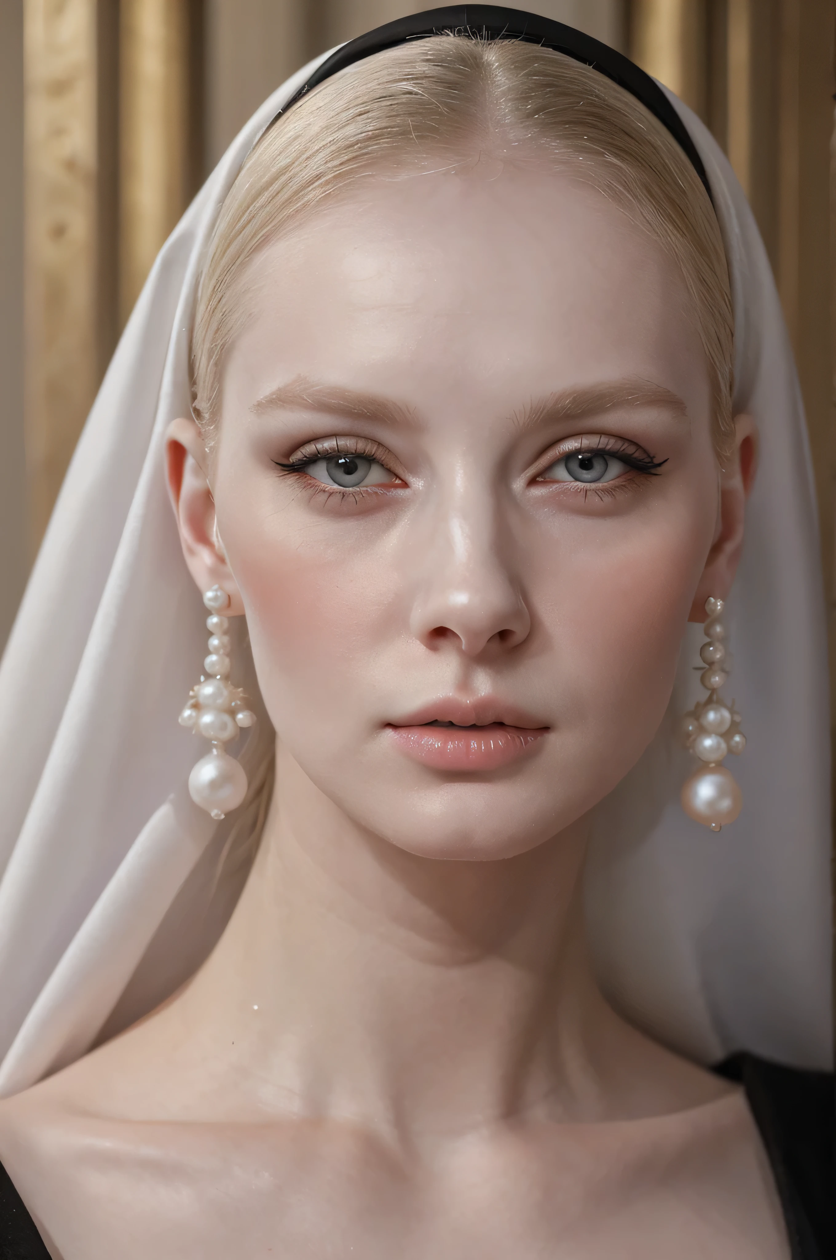 a blonde woman wearing black veil and pearl earrings , nun, poses for a picture, pearl earring, nun with pearl earring, girl with the pearl earring, girl with a pearl earring, girl with a pearl earringl, monia merlo, johannes vemeer, steven meisel, with pale skin, pale woman, inspired by Johannes Vermeer, with a white complexion