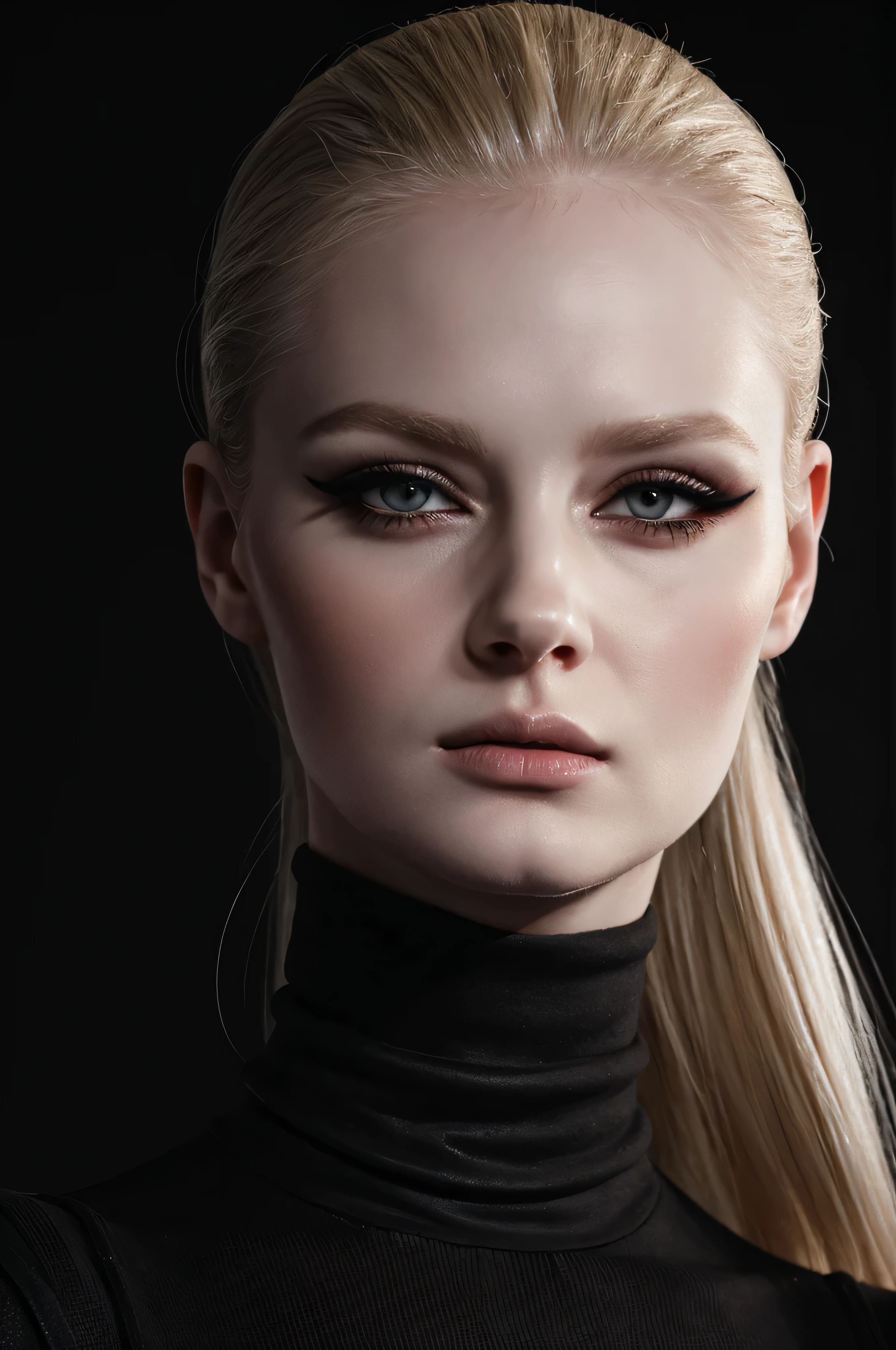 woman pretty, blonde, slicked back blonde hair  ,pale skin ,wearing black turtleneck, eyeliner ,portrait, foxy eyeliner , makeup ,pale woman painting, beautiful light deep focus, elegant, digital painting, smooth, dramatic lighting , 8k, art , black background,black background, black wallpaper