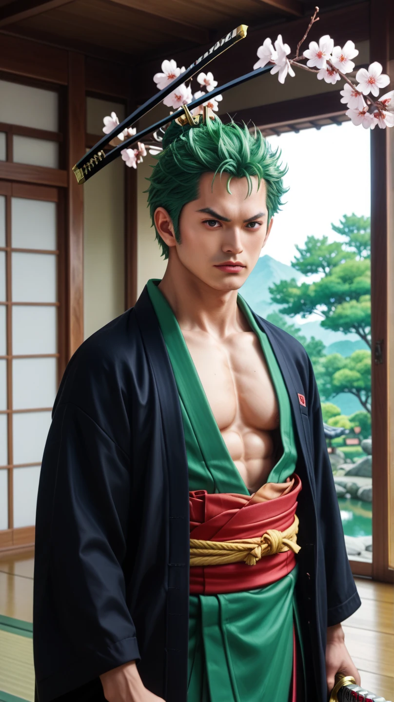 A realistic depiction of a powerful samurai with short green hair, wearing a traditional Japanese kimono, with his chest slightly exposed to reveal a muscular physique. He is striking an action pose, wielding a glowing katana with a bright green light emanating from it, as if imbued with supernatural energy. The background transitions between a traditional Japanese imperial interior, featuring tatami mats, shoji screens, and intricate wooden details, and an exterior view showing a classic Japanese garden with cherry blossoms, stone lanterns, and a serene pond under soft sunlight. The overall atmosphere is dynamic and dramatic, blending action and historical aesthetics."