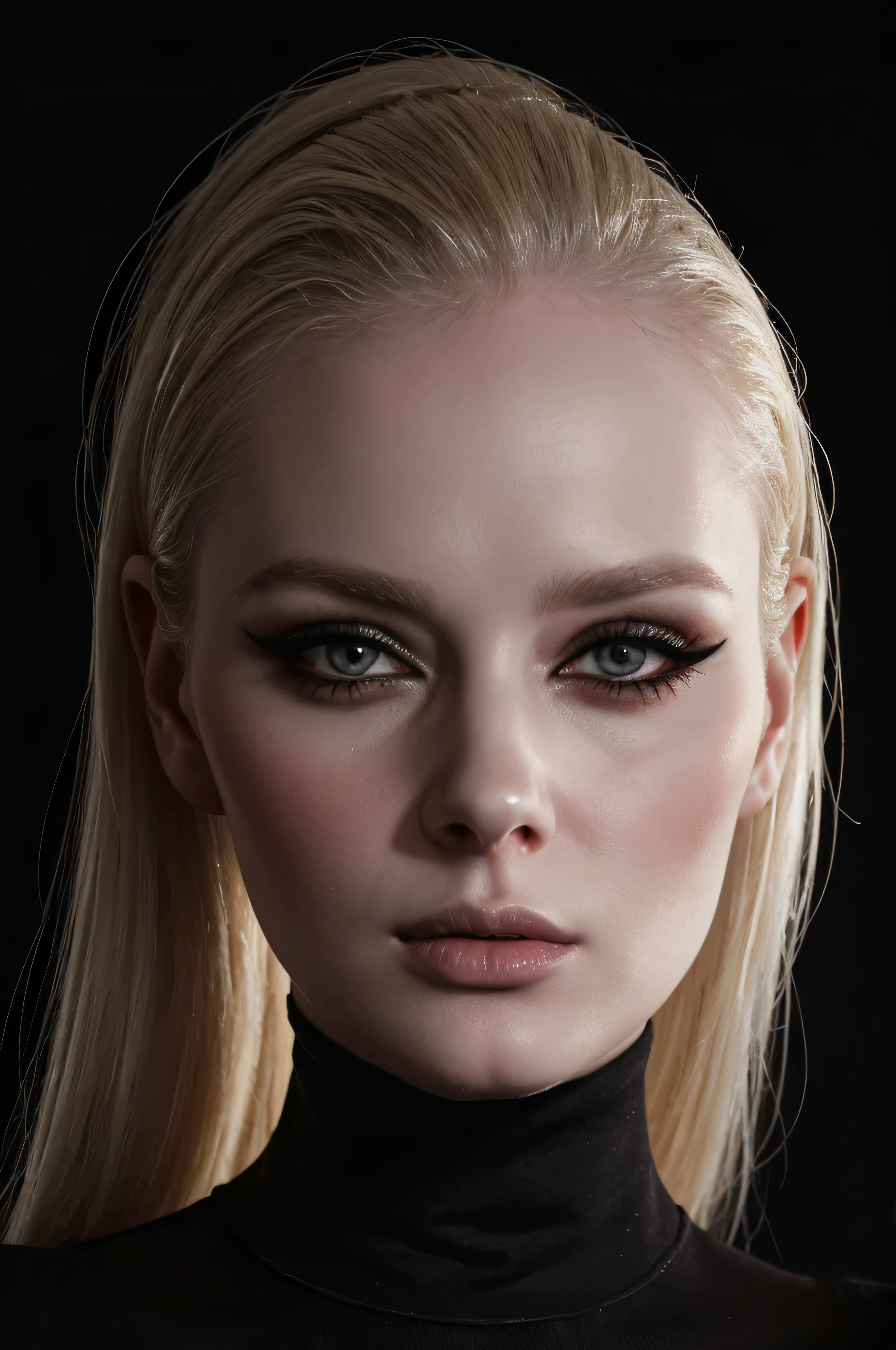 woman pretty, blonde, slicked back blonde hair , wearing black hijab, pale skin ,wearing black turtleneck, eyeliner ,portrait, foxy eyeliner , makeup ,pale woman painting, beautiful light deep focus, elegant, digital painting, smooth, dramatic lighting , 8k, art , black background,black background, black wallpaper