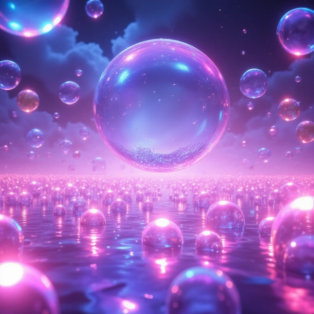 A magical bubble field, glowing neon bubbles, candy-colored lighting, soft focus, ethereal, (best quality,4k,8k,highres,masterpiece:1.2),ultra-detailed,(realistic,photorealistic,photo-realistic:1.37),HDR,UHD,studio lighting,ultra-fine painting,sharp focus,physically-based rendering,extreme detail description,professional,vivid colors,bokeh,surreal,fantasy,colorful