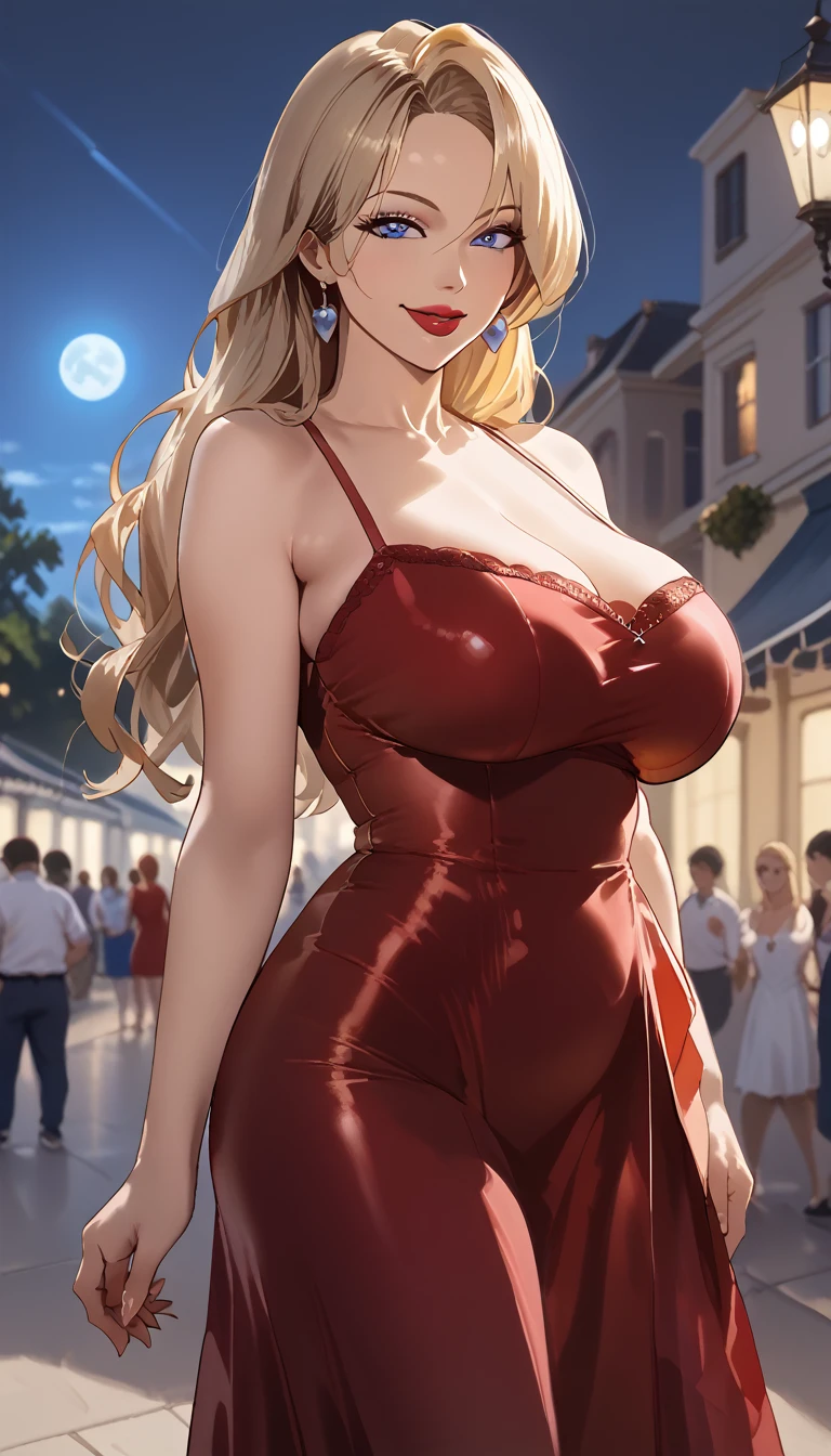 masterpiece, best quality, cinematic, volumetric lighting, very detailed, high resolution, mlfpchs, blonde hair, blue eyes, milf, 1women, height: 183cm, weight: 82kg, age: 40, 1 mature woman, smile, waist up, from behind, blonde hair, facing viewer, blue eyes:1.3, closed mouth,( red dress:1.3), mini skirt, outdoors, background simple, big lips, red lips,