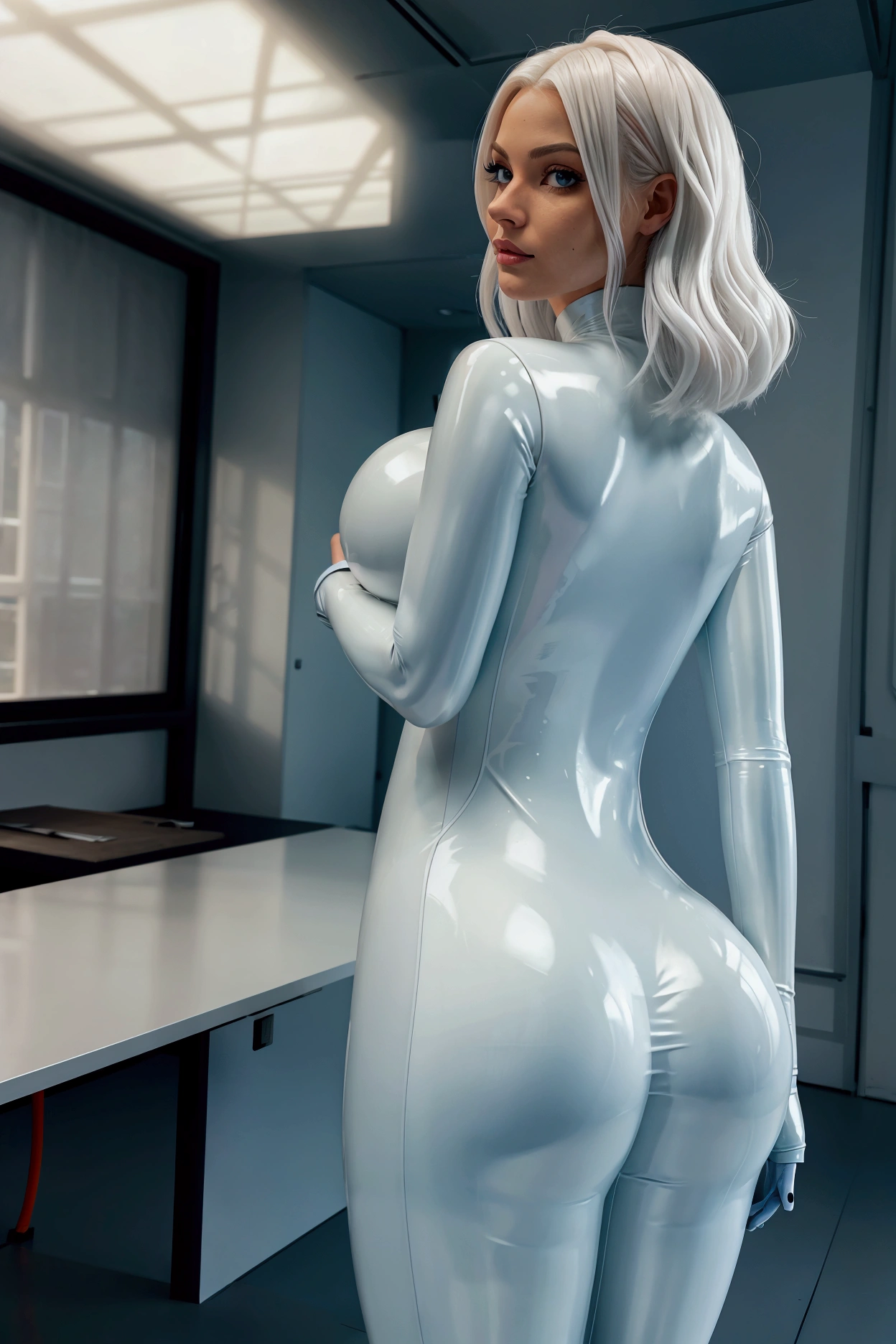 WHITE hair, (SALMON latex catsuit), STANDING AND BACK, big and big ass, tight clothing, Lewd face, 1, highly detailed, photorealistic, hyper realistic, 8k, HDR, studio lighting, physically based rendering, extremely detailed description, vivid colors, professional, beautiful and detailed eyes, detailed and beautiful lips, extremely detailed face and eyes, long eyelashes, portrait, OFFICE WITH A LARGE WINDOW IN THE BACKGROUND very bright, white furniture