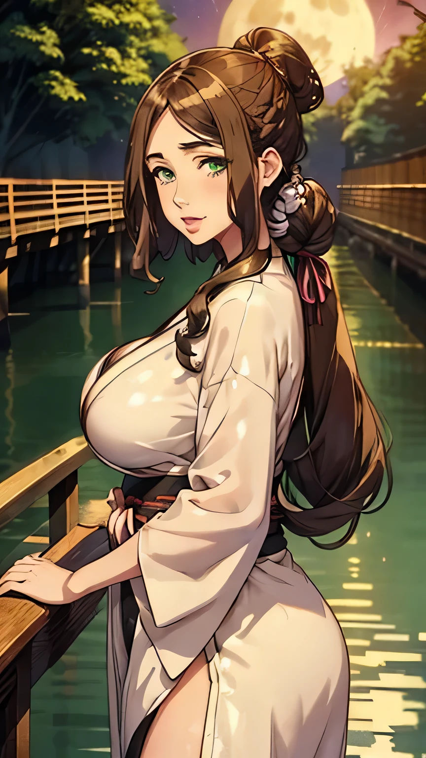 1girl, solo, long hair , looking at viewer, green eyes, large breast, thick thighs, beautiful face, beautiful eyes, black kimono, brown hair, ponytail, parted lips, forest, at night, moon light from behind, standing on a wooden bridge, full body, standing,