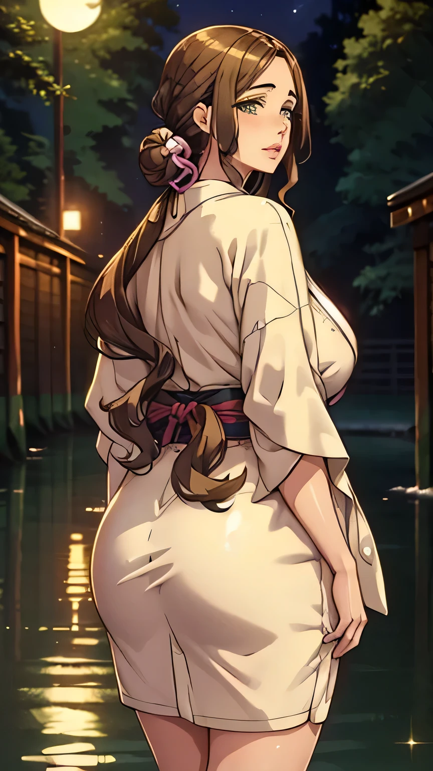 1girl, solo, long hair , looking at viewer, green eyes, large breast, thick thighs, beautiful face, beautiful eyes, kimono , brown hair, ponytail, parted lips, forest, at night, moon light from behind, standing on a wooden bridge, full body, standing