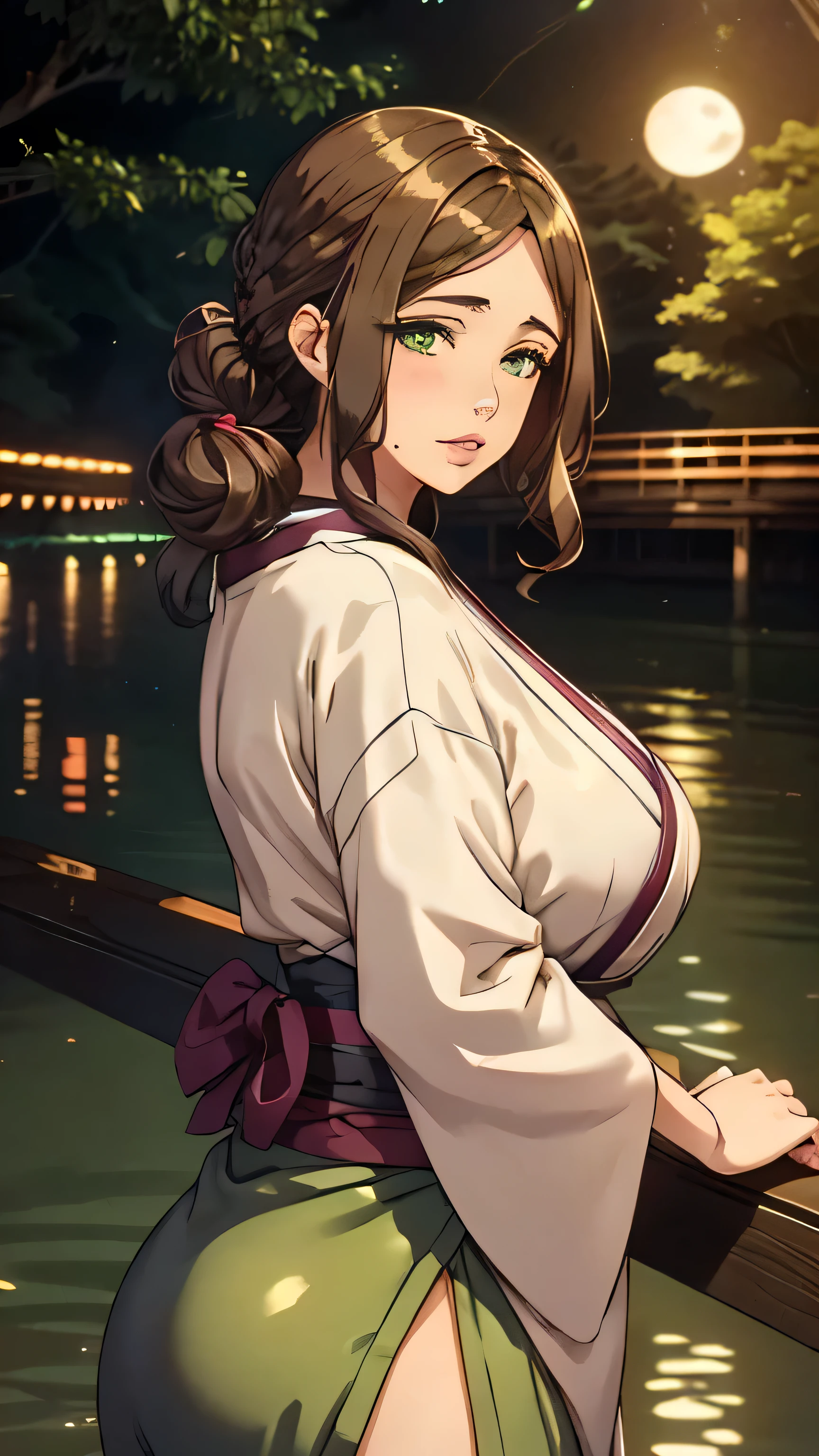 1girl, solo, long hair , looking at viewer, green eyes, large breast, thick thighs, beautiful face, beautiful eyes, kimono , brown hair, ponytail, parted lips, forest, at night, moon light from behind, standing on a wooden bridge, standing