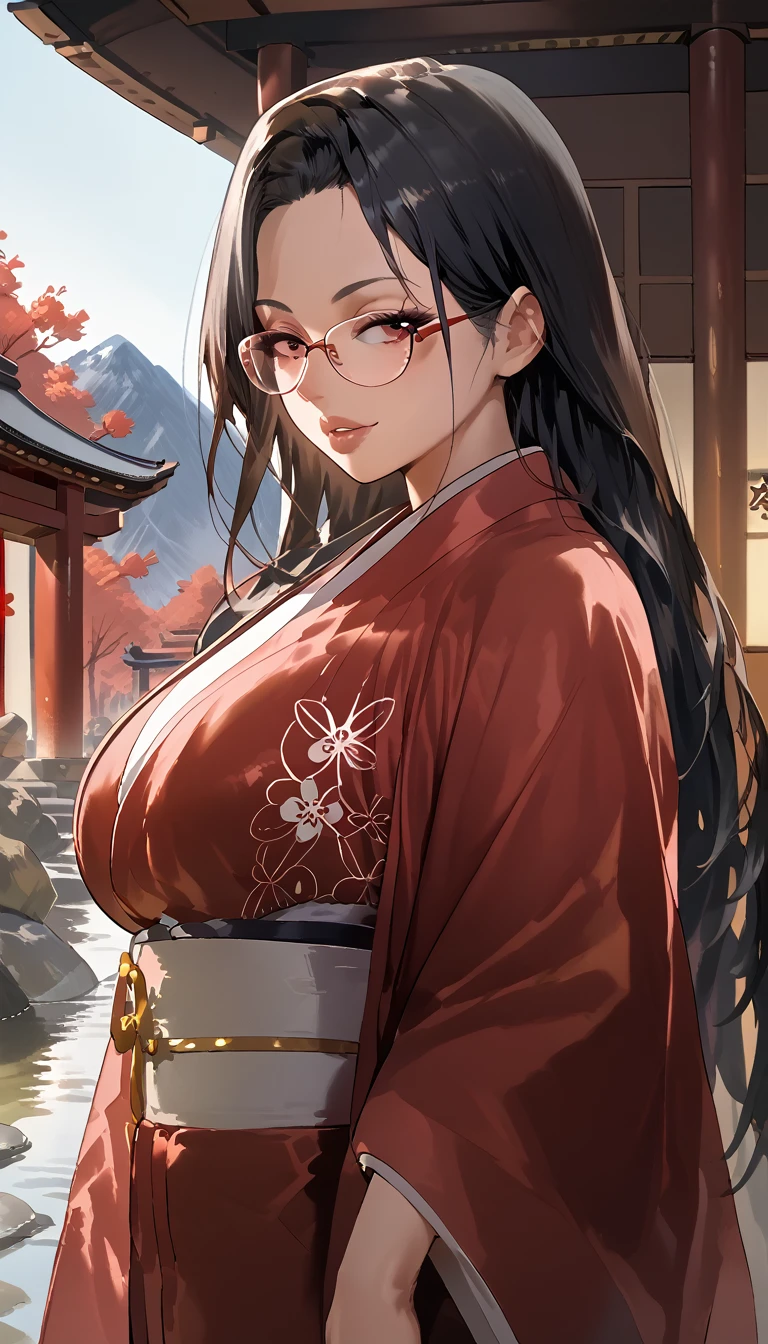 Black hair, long hair, glasses, red kimono, Japanese shrine, shrine visit