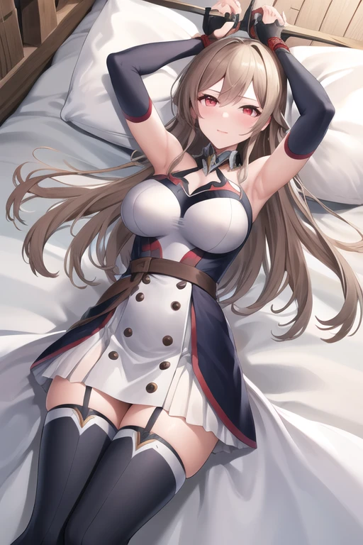 masterpiece,  best quality,  high definition , Fel 1,  Bridal Gauntlet,  black thigh high socks ,  bare shoulders, belt, ガーターbelt,  white dress,  elbow gloves, Outdoor,  cowboy shooting alone, Wavy,bdsm, bed, bondage, bound, arms up, bound arms, bound legs, bound wrists, lying, on back,