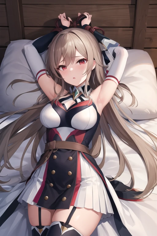 masterpiece,  best quality,  high definition , Fel 1,  Bridal Gauntlet,  black thigh high socks ,  bare shoulders, belt, ガーターbelt,  white dress,  elbow gloves, Outdoor,  cowboy shooting alone, Wavy,bdsm, bed, bondage, bound, arms up, bound arms, bound legs, bound wrists, lying, on back,