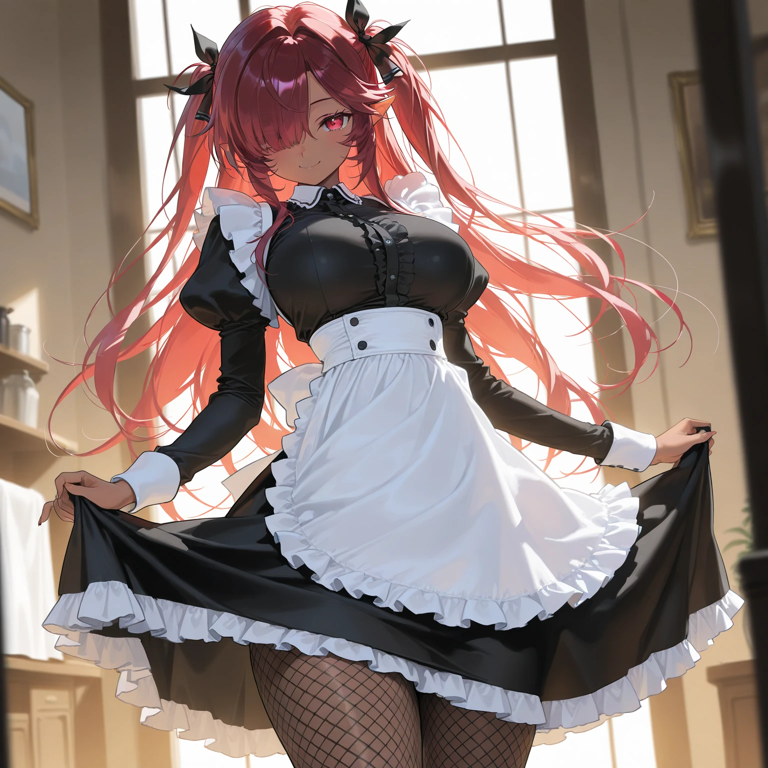 masterpiece,best quality,amazing quality,very aesthetic,absurdres,newest,scenery,

solo, 1girl, seira senga, dark-skinned female, smile, looking at viewer, standing, skirt hold, red hair, hair over one eye, hair ribbon, black ribbon, pointy ears, red eyes, frills, black dress, frilled dress, juliet sleeves, white apron, waist apron, black pantyhose, fishnet pantyhose, large breasts, indoors
masterpiece, best quality, amazing quality, very aesthetic, absurdres, newest, scenery,