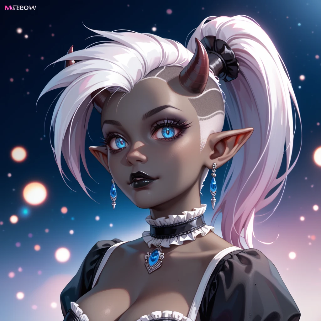 score_9, score_8_up, score_7_up, ((Masterpiece)), ((highres)), ((1person, 1girl, 1female)), Random poses, beautifully detailed succubus girl, ((white mohawk w/ponytail)), defined elf ears with ear guages, defined eyes, pastel iris, long eye lashes, defined nose, black lipstick, curvy, (((Black skin))), black demon horns, breasts, night sky, pastel gothic style, gothic style art, gothic asthetic, (((gothic horror background))), bust shot