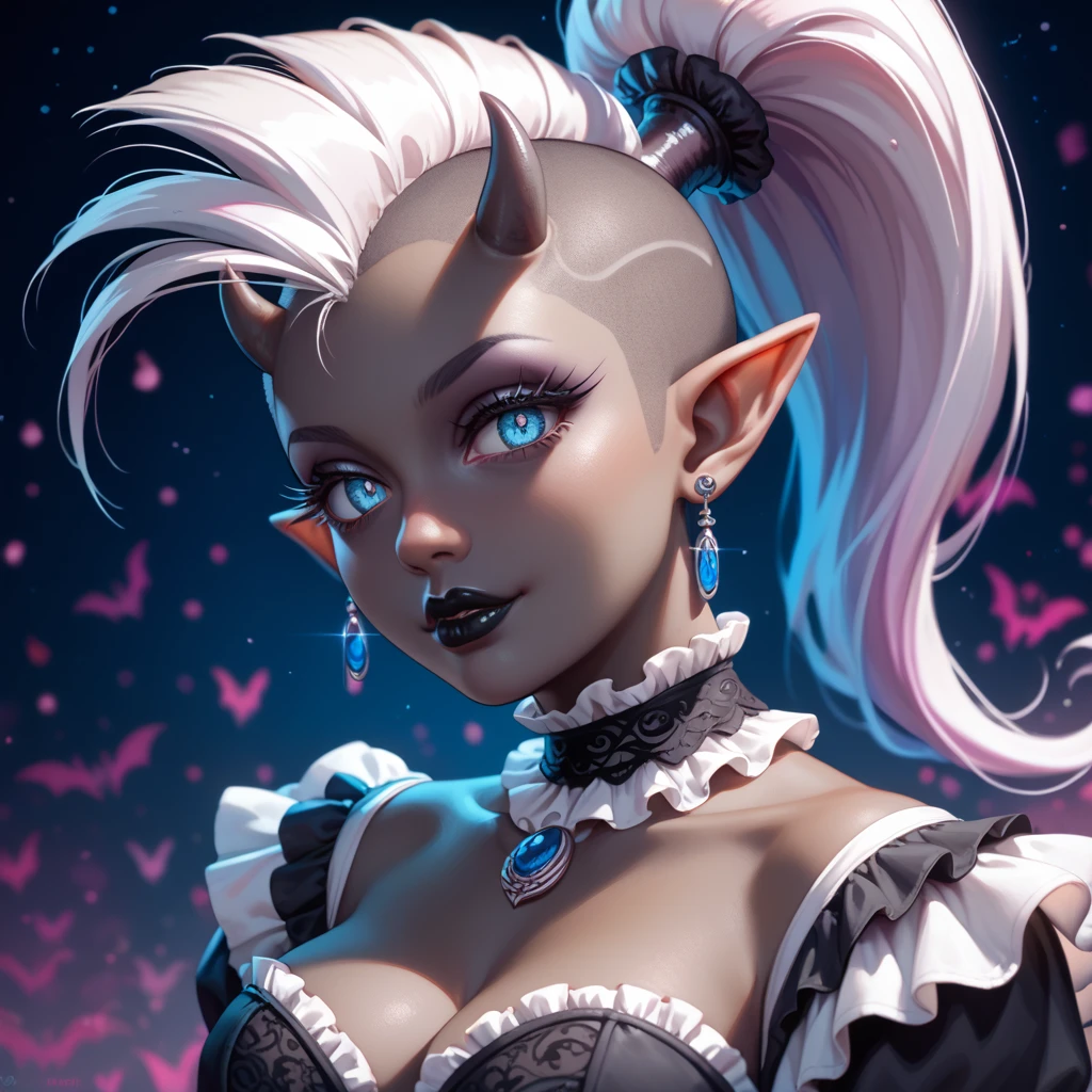 score_9, score_8_up, score_7_up, ((Masterpiece)), ((highres)), ((1person, 1girl, 1female)), Random poses, beautifully detailed succubus girl, ((white mohawk w/ponytail)), defined elf ears with ear guages, defined eyes, pastel iris, long eye lashes, defined nose, black lipstick, curvy, (((Black skin))), black demon horns, breasts, night sky, pastel gothic style, gothic style art, gothic asthetic, (((gothic horror background))), bust shot