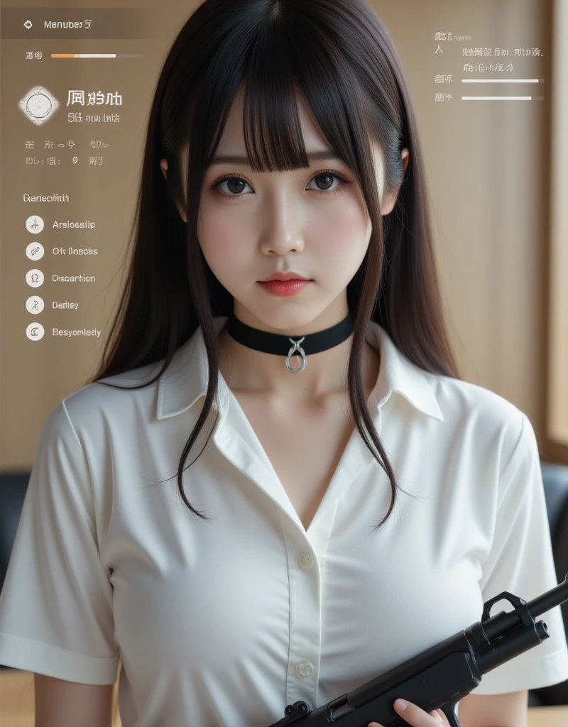   Ultra-realistic RPG-style character status screen  ，  人の live action with the gun you ownをご覧ください、A young woman appears, [SL number   .003].    She has long lashes   ,   Perfect Skin, Realistic hair texture,    natural makeup,   White Collared Shirt ,   black choker , Character Name  "[SL number   .003]"   Large display at the top of the screen  .

  Interface is designed in a traditional RPG game style  , but、 after that,    realistic twist   .   Seven main abilities are displayed on the screen  : "  home page", "MP", "Loyalty", "Like", "Grace", "  sex appeal  ","lucky",    Each ability is displayed on a horizontal bar   ,   Filled in to show current level  ,  Character Name . 加えてthe special skills "【skill】 Imitation  /absorption/reproduction " The icon and description are displayed.

  Background has a delicate texture for a realistic finish  ,   Overall design  、 Modern lighting effects 。,  shadow,   Detailed textures for added realism  .   High-tech yet fantasy-inspired interfacePortrait view、  Confident々Characters standing  .
  live action with the gun you own ,   best quality,  review, bangs, Big Breasts