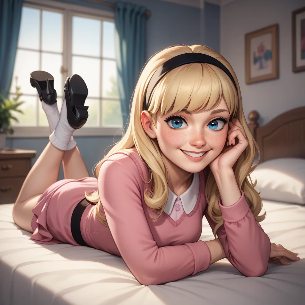 1girl, full body, solo, penny peterson, long hair, blue eyes, freckles, blonde hair, skirt, hairband, black hairband, white socks, dress, pink dress, long sleeves, mary janes, looking at viewer, light blush, smile, perky, cute smile, indoors, bed, bedroom, straight-on, lying, on stomach, showing her butt