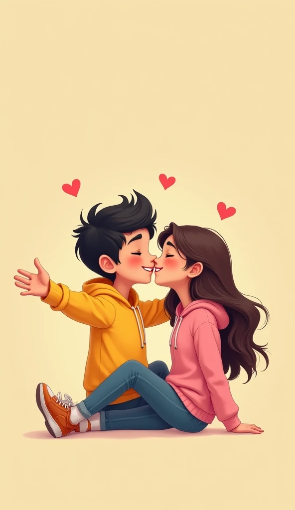 Cartoon beautiful girl and handsome boy close together and kissing. Boy wearing hoodie printed letter "I" girl wearing hoodie printed letter B on flower background
