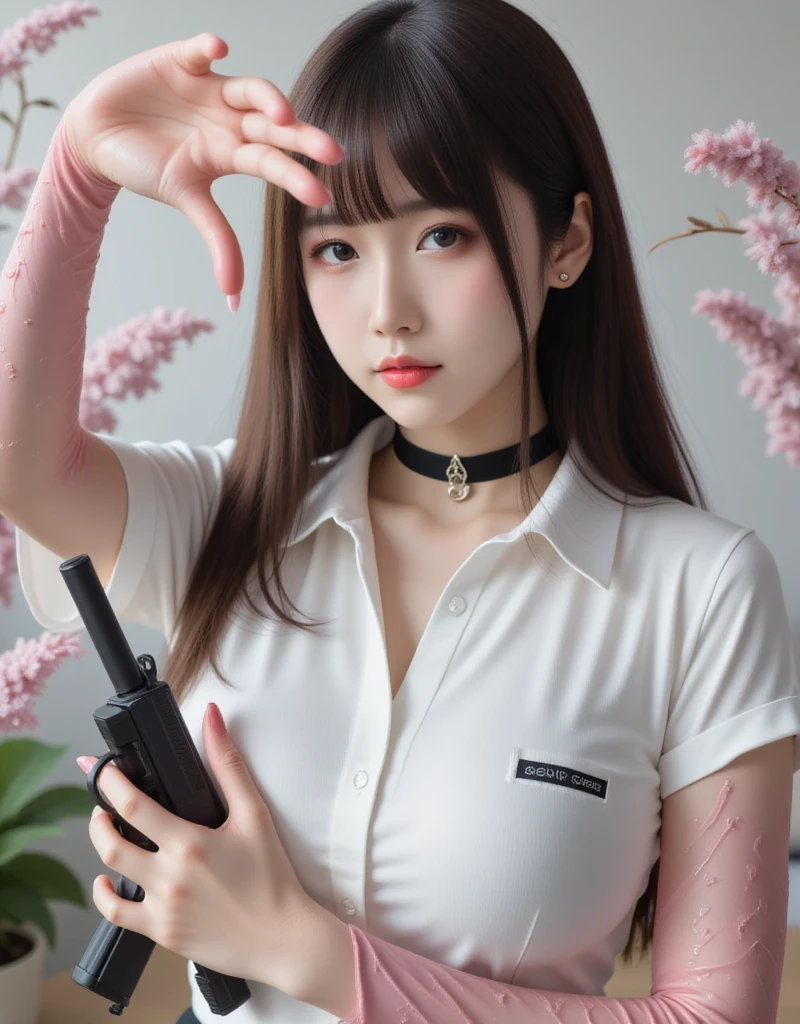   Ultra-realistic RPG-style character status screen  ，  人の live action with the gun you ownをご覧ください、A young woman appears, [SL number   .003].    She has long lashes   ,   Perfect Skin, Realistic hair texture,    natural makeup,   White Collared Shirt ,   black choker , Character Name  "[SL number   .003]"   Large display at the top of the screen  .

  Interface is designed in a traditional RPG game style  , but、 after that,    realistic twist   .   Seven main abilities are displayed on the screen  : "  home page", "MP", "Loyalty", "Like", "Grace", "  sex appeal  ","lucky",    Each ability is displayed on a horizontal bar   ,   Filled in to show current level  ,  Character Name . 加えてthe special skills "【skill】 Imitation  /absorption/reproduction " The icon and description are displayed.

  Background has a delicate texture for a realistic finish  ,   Overall design  、 Modern lighting effects 。,  shadow,   Detailed textures for added realism  .   High-tech yet fantasy-inspired interfacePortrait view、  Confident々Characters standing  .
  live action with the gun you own ,   best quality,  review, bangs, Big Breasts