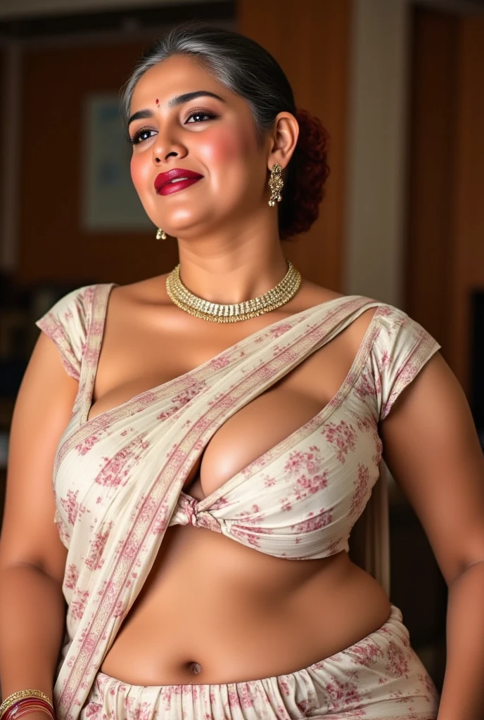 instagram photo of a plump older assamese elderly woman, wearing gold jewelry, teasing face, pouty lips, sweaty skin, upper body shot, in loose saree blouse and deep neckline, massive cleavage, huge breasts, inside massive mansion, rich, grey hairs, dark skin, shy pose, plump figure, navel visible, 