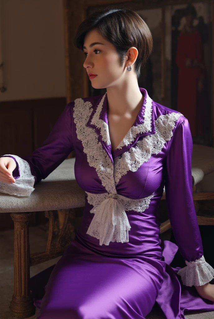 （Highest quality、In 8K、masterpiece、Delicate illustrations）、Browsing Caution、She is a very beautiful Japanese housewife..（About 30 years old）、Bun hairstyle（With hair accessory）、Very plump body（Big Breasts）、（Purple Gothic Lolita Dress）、Sit on the sofa、