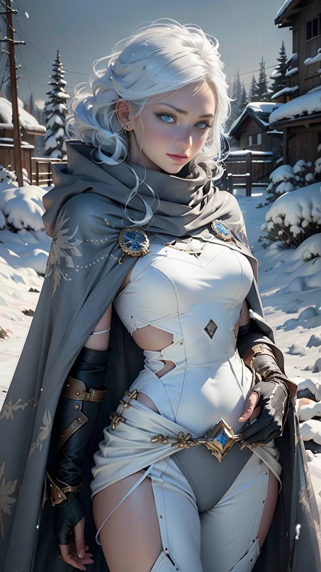 (8K, RAW photo, Photorealistic:1.4), high resolution, 1 Women, Solo,。Sitting , Beautiful eyes, White hair, ringed eyes, (sitted,Cloak,Cover with snow,Heavy snow:1.3),snowfield,Outside the castle,Correct anatomy,medium breast, show nipples, show vagina, open legs:1.5