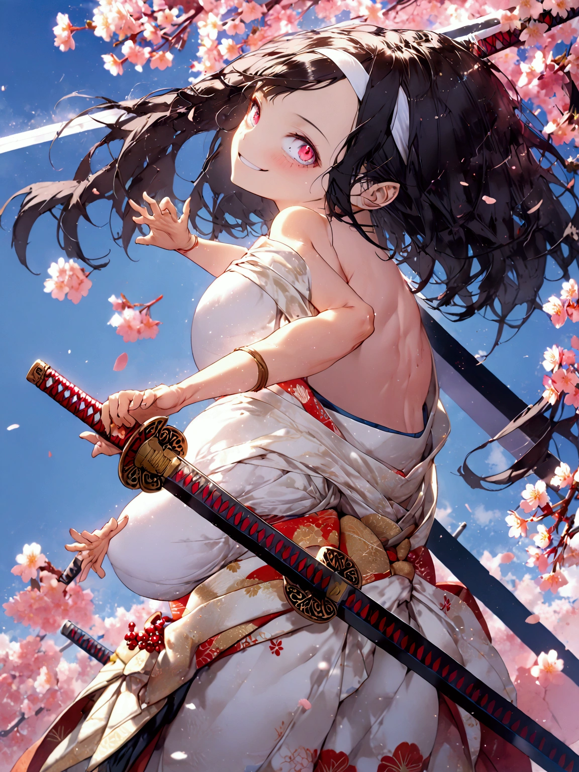 (((1 Japanese female))),(((Old Japanese Female Warrior )))、(((Female warlord)))、(((Warrior Princess)))、(((War Goddess)))、(((((古い日本の鎧)))))、(((((Clothing)))))、((( black hair)))、((( Short Hair )))、(((White headband)))、(((((holding two swords in his hands)))))、(((((Grasp the sword)))))、(((((Sword-holding pose))))),(((((Sword waving pose)))))、(((smile)))、((( look up )))、((( grimace )))、(((Sharp Eyes)))、((( painful expression)))、(((blue sky)))、(((cherry blossoms)))、((( Japan's Warring States Period)))、「 best quality、masterpiece、  illustration without a face 、 Very Delicate and Beautiful 、 very detailed、CG、8k wallpaper、 amazing、 details、masterpiece、最高の究極の芸術 very detailed CG Unity 8k wallpaper」、 Breast