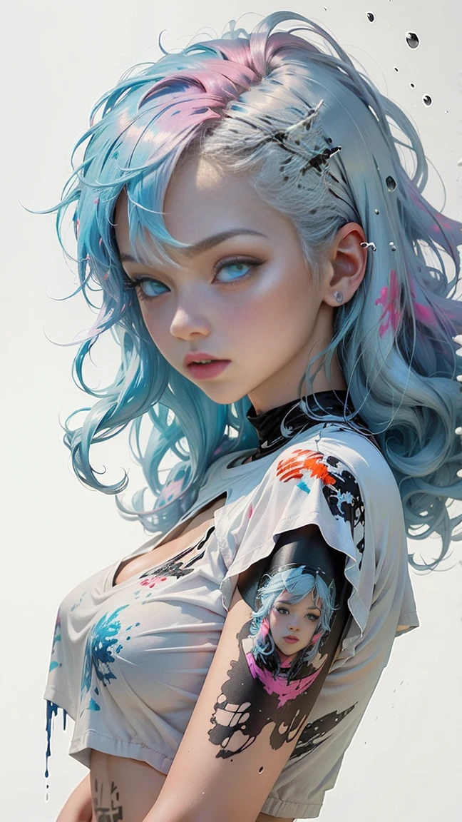 (Pink Fashion T-shirt:1.9),(Colorful hair: 1.8), (all the colours of the rainbow: 1.8),(((((vertical painting:1.6))), (painting:1.6),front, comics, illustrations, paintings, large eyes, crystal clear eyes,( rainbow color gradient high ponytail:1.7), exquisite makeup, closed mouth,(Small Fresh: 1.5),(Wipe Chest: 1.6) ,long eyelashes, white off shoulder T-shirt, White Shoulder Shirt,looking at the audience, large watery eyes, (rainbow colored hair:1.6), color splash, (solo:1.8), color splash, color explosion, thick paint style, messy lines, ((shining)),(colorful), (colorful), (colorful), colorful, Thick Paint Style, (Splash) (Color Splash), Vertical Painting, Upper Body, Paint Splash, Acrylic Pigment, Gradient, Paint, Highest Image Quality, Highest Quality, Masterpiece, Solo, Depth of Field, Face Paint, colorful clothes, (Elegant: 1.2), gorgeous,long hair, wind, (Elegant: 1.3), (Petals: 1.4),(((masterpiece))),(((best quality))),((ultra-detailed)),(illustration),(dynamic angle),((floating)),(paint),((disheveled hair)),(solo),(1girl) , (((detailed anima face))),((beautiful detailed face)),collar,bare shoulders,white hair, ((colorful hair)),((streaked hair)),beautiful detailed eyes,(Gradient color eyes),(((colorful eyes))),(((colorful background))),(((high saturation))),(((surrounded by colorful splashes))),
