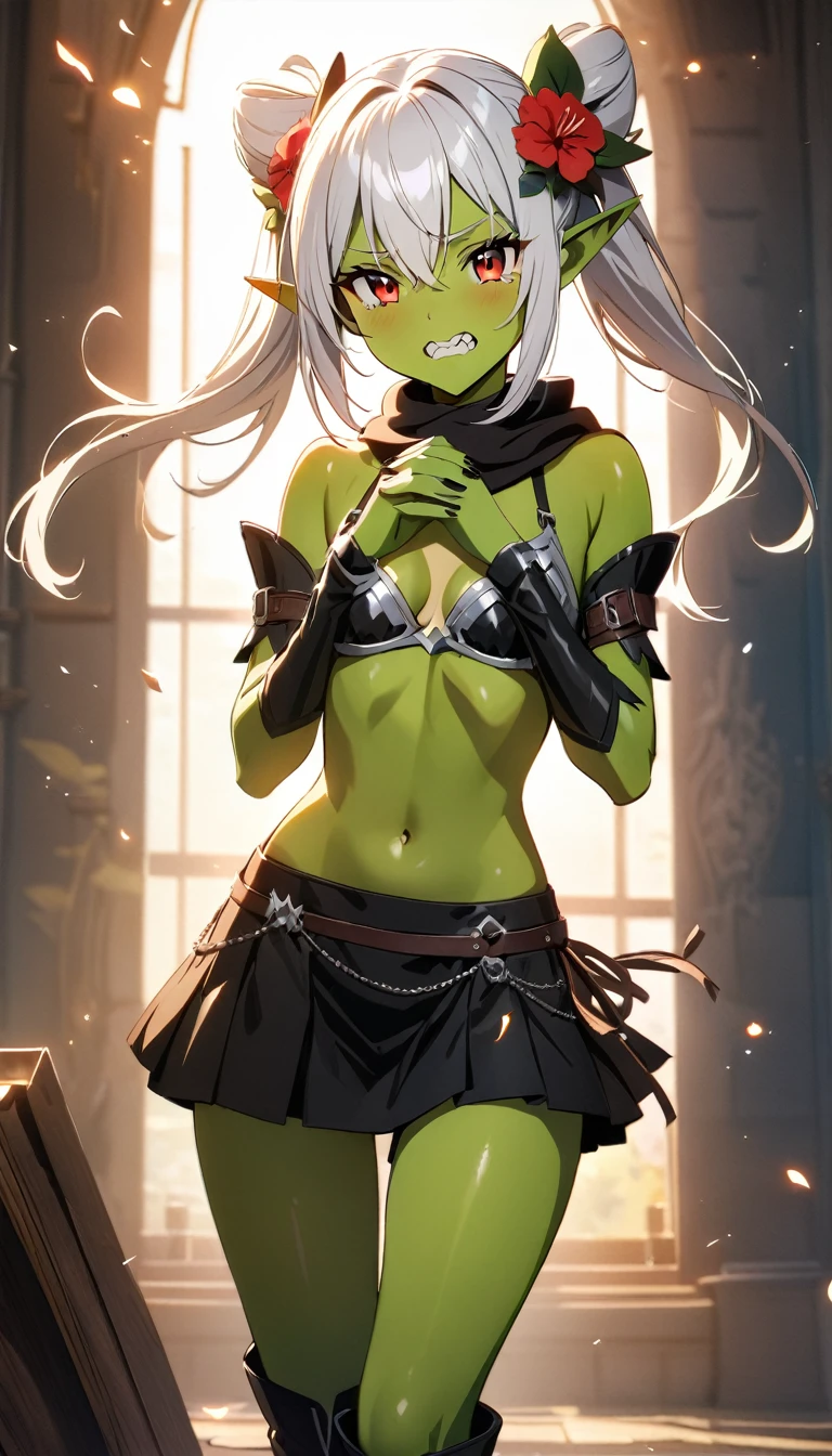 Goblin girl, Green skin, Long blue hair pony tail, Orange eyes, pointy eyes, Big breast, sliver Metal Collar around neck with long chain attach to it, Metal chain Wrist bands, full exposed naked body