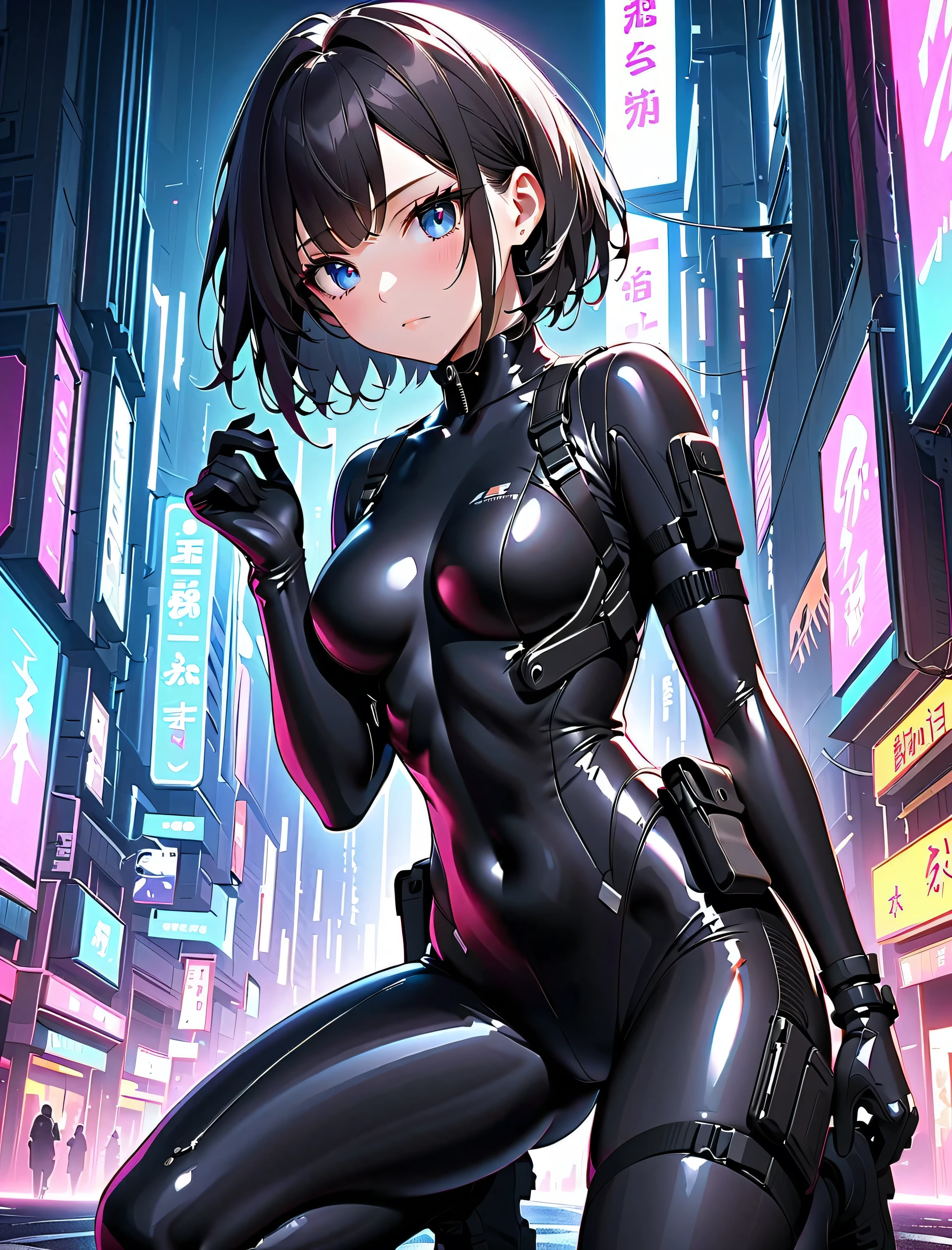 Short black haired android girl with huge breasts blindfolded with light skin in a cyberpunk Japanese city at night