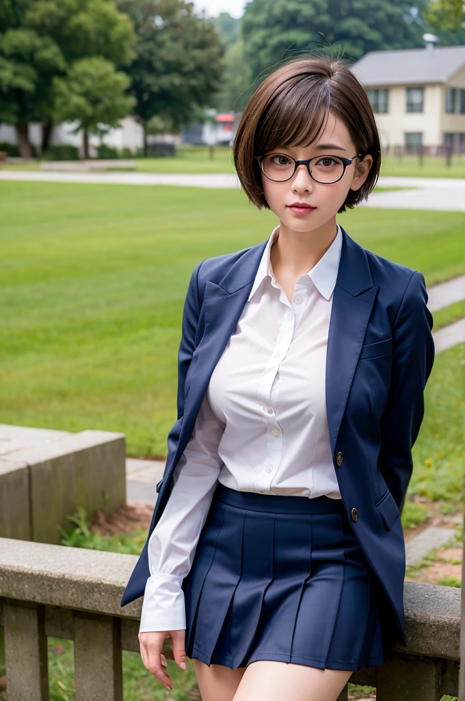 (8K High Resolution), (Highest quality), (RAW Image Quality),(Tabletop:1.2), (Realistic), (Realistic:1.37), (Live-action realistic style）,The ultimate face,Realistic light and shadow,Distinct facial features,Fair skin,Best Portrait, One person,Beautiful attention to detail,Highly detailed skin,(Beautiful face with double eyelids), (realism: 1.4),Delicate and beautiful face,,Female about 20 years old,(Beautiful Face 1.4),short hair, Glasses, ((A Japanese teacher wearing a suit)),((Shooting in the classroom)),(You can see a little bit of underwear from the delta zone.),White panties,High heels, Beautiful breasts, sitting on a chair at the podium、A white blouse inside a blazer suit、Intelligent face、Short tight skirt