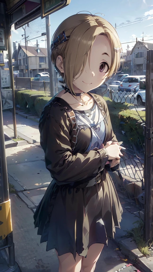 masterpiece,  best quality,  high definition ,  Very detailed,(((Shirasaka Koume))), (((From afar))), ((( fence))), (((Around town))), (((  knight ))), ((( B in a capella ))), (((bus stop))), (((roof))), (((smile))), ((( one girl who is at ease))), (((Alone))), ((( blonde alone))), ((( brown hair))), ((( Short Hair ))), (((  hair covering one eye  )))