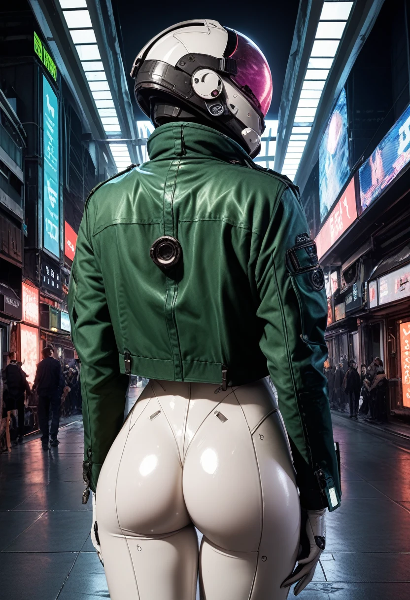 1girl,solo,futuristic city background,cowboy shot,ruanyi0812,white bodysuit,skin tight,sci-fi,green jacket,green jacket,open jacket,back,glass helmet,ass,score_9,score_8_up,score_7_up,,8k,1girl,solo,big ass,realistic image,3d,sharp eyes,realistic eyes