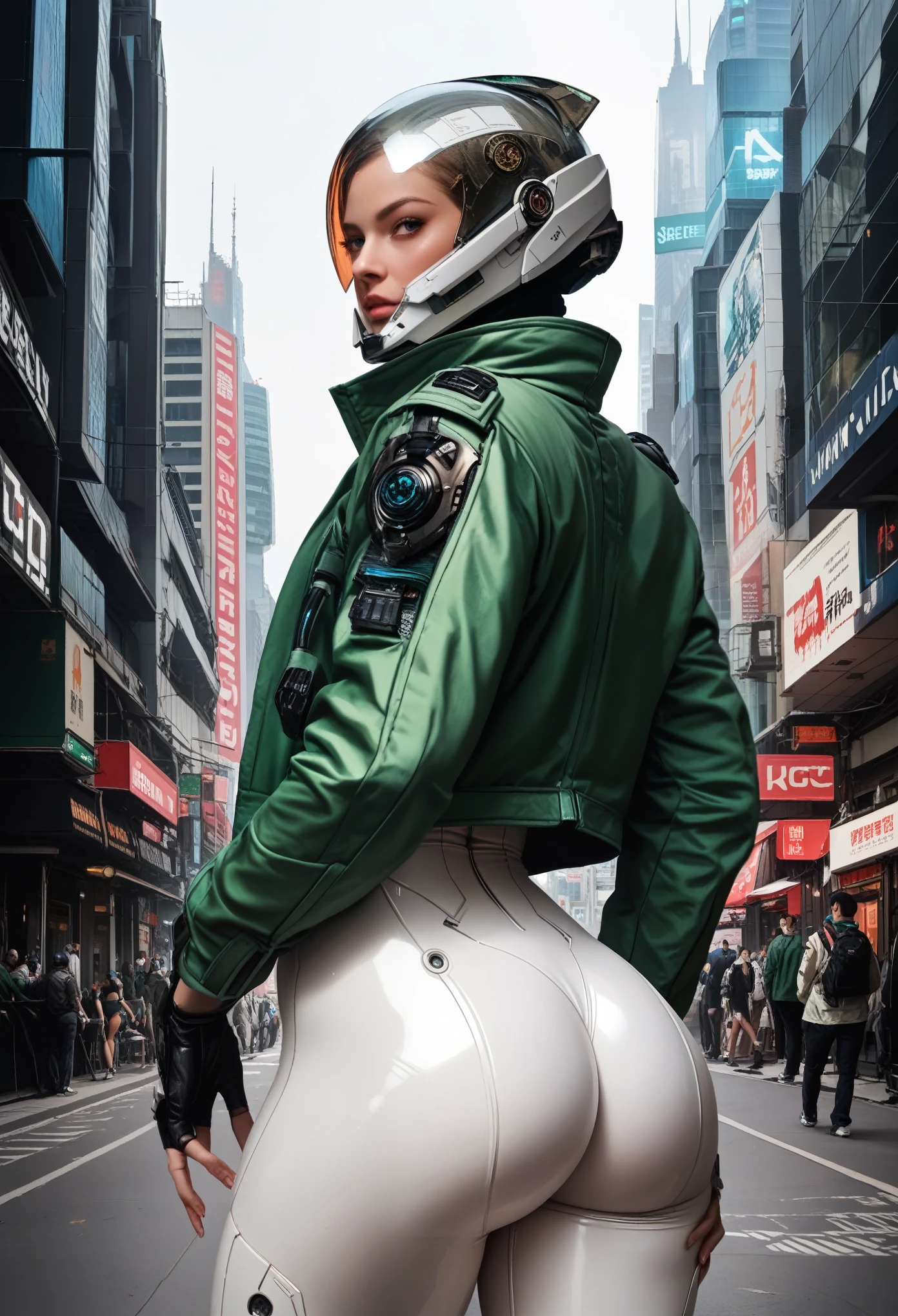 1girl,solo,futuristic city background,cowboy shot,ruanyi0812,white bodysuit,skin tight,sci-fi,green jacket,green jacket,open jacket,back,glass helmet,ass,score_9,score_8_up,score_7_up,,8k,1girl,solo,big ass,realistic image,3d,sharp eyes,realistic eyes