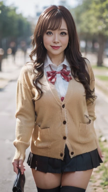 full body shot, from below,  japanese mature,  detailed face , Facial wrinkles, smile,  detailed skin texture ,  white skin, (curvy body,  plump thighs:1.5), (earrings,  Necklaces , red bowtie, brown cardigan, red skirt, pleated skirt, micro miniskirt, black thighhighs:1.2), ( wearing a sweater :1.2), ( full body shot from toe to head wearing black high heels,  standing in the park:1.2), ( surrealism, best quality, ultra detailed, absolutely resolution, 8k, anatomically correct), depth of field, looking at viewer, tachi-e, (gal.safetensors), (And), full body, (from below)