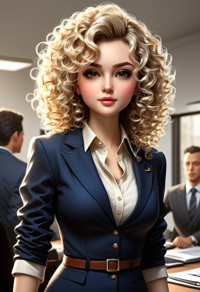 High quality,  high resolution, 1 girl, curly medium hair, light blonde hair with dark brown tips, bust size tripple b's, average body, attractive face, beautiful face, ceo of a big company, professional attire, office, boss, dominant, leading the way, in charge, confident, rich