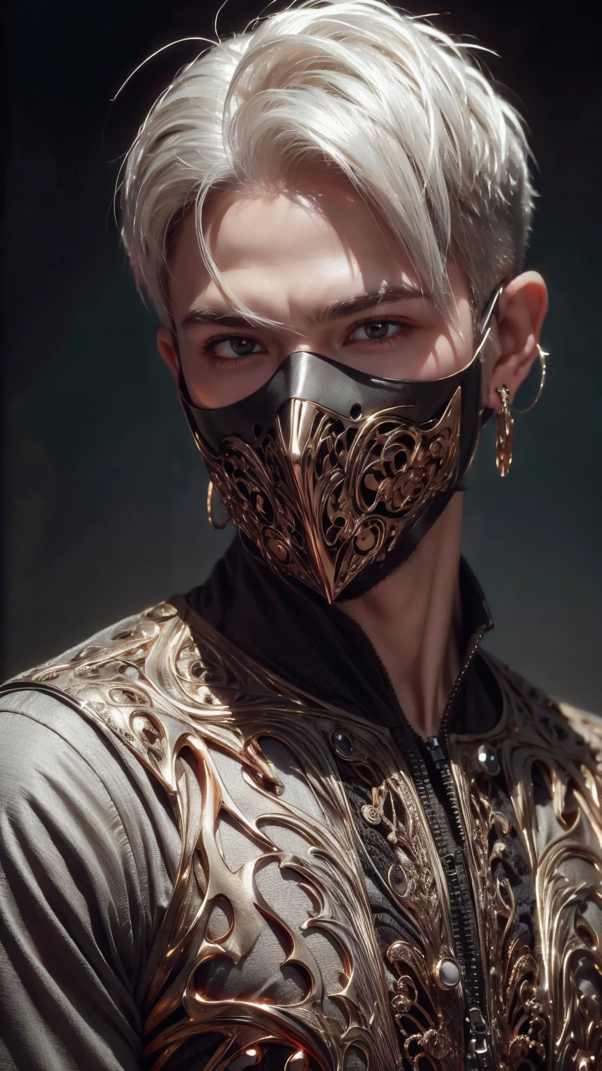 {Best Quality, 8k, Masterpiece}, (Realistic), [[Male]], [[White Hair]], ((Middle Part Haircut)), (Earrings), (Mask)