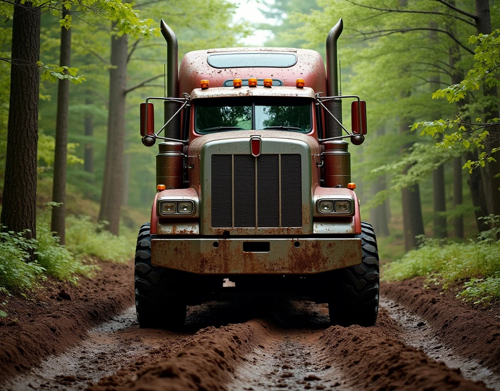 A massive, dirty semi-truck navigating a rugged off-road trail through a dense forest. The truck is centered in the frame, with towering trees on either side creating a narrow, enclosed feel. The truck's tires are caked with mud, and its exterior is covered in dirt and scratches, highlighting its toughness. The forest is lush and green, with dappled sunlight filtering through the canopy. The composition is tight, focusing on the truck's struggle through the challenging terrain. The action is dynamic, with the truck's wheels churning up mud as it advances.