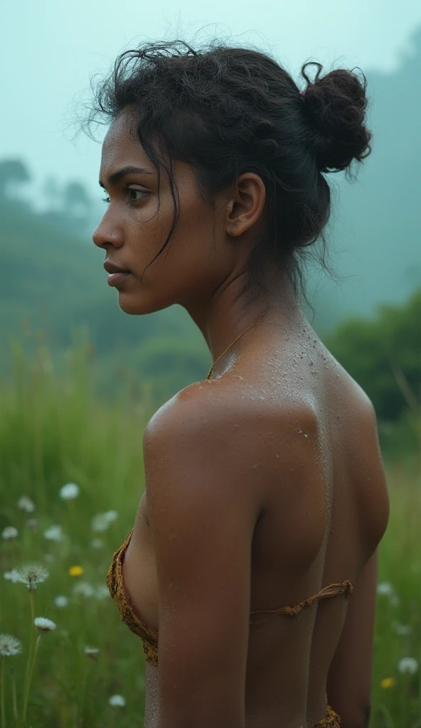 kerala nude teen girl, skinny, , tiny breast, kerala village nature, kerala palakkad kollengode, big curly hair bun, (score_9, score_8_up, score_7_up), blue dew drops, golden gods ray, dandelions flying in the wind, show deep navel, half body, blue atmosphere, glamourous, bindi,moody fogy daylight, r4w photo, dark nipple and dark areola, masterpiece, Extremely Realistic, Realism, Raw photo, Photography, High detailed, photorealistic, shot on sony vanice camera, blue teal orange color grading, realistic hand, ((detailed fingers)), showcasing realistic texture with fine lines, pores, and natural variations. The skin surface shows subtle wrinkles, slight imperfections, and varied tones to emphasize realism. Soft lighting highlights the contours and shadows, revealing the depth and layers of the skin. Tiny hairs, freckles, or slight blemishes are visible, adding authenticity. The background is blurred to keep the focus on the intricate details of the skin texture, creating a lifelike and tactile appearance., dark melanin-rich skin, high detailed hand and figers anatomy, black pleated mini skirt, Minimal clothing with strategic use of shadows, props, or poses for implied nudity, Poses that emphasize curves and form with a strong backlight.Natural postures, like reclining or stretching, to emphasize relaxation and vulnerability, Emphasize minimalism by isolating the subject in a dark or simple environment,Evoke longing, vulnerability, or empowerment through lighting, pose, and expression, Balance sensuality with elegance, ensuring every element contributes to the narrative, Enhance textures like skin and fabric while maintaining natural tones, Create images that transcend traditional eroticism, focusing on artistry and emotional resonance