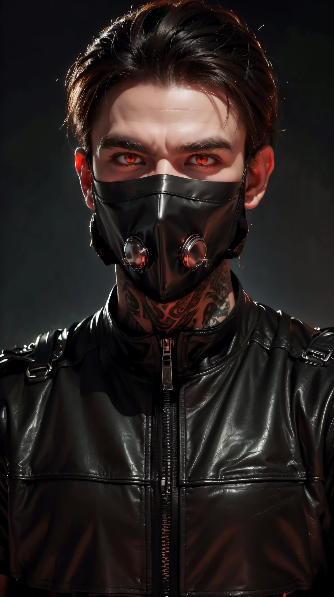 masterpiece, best quality, 1man, dark theme, (dark brown miltary hair cut), very big and very muscular male, very buff, tattoos, black tactical gear, (all black special ops uniform:1), black miltary uniform, ((face masks, covered mouth, black leather, sharp teeth)), urban street wear, stoic, deep orange eyes, dark background