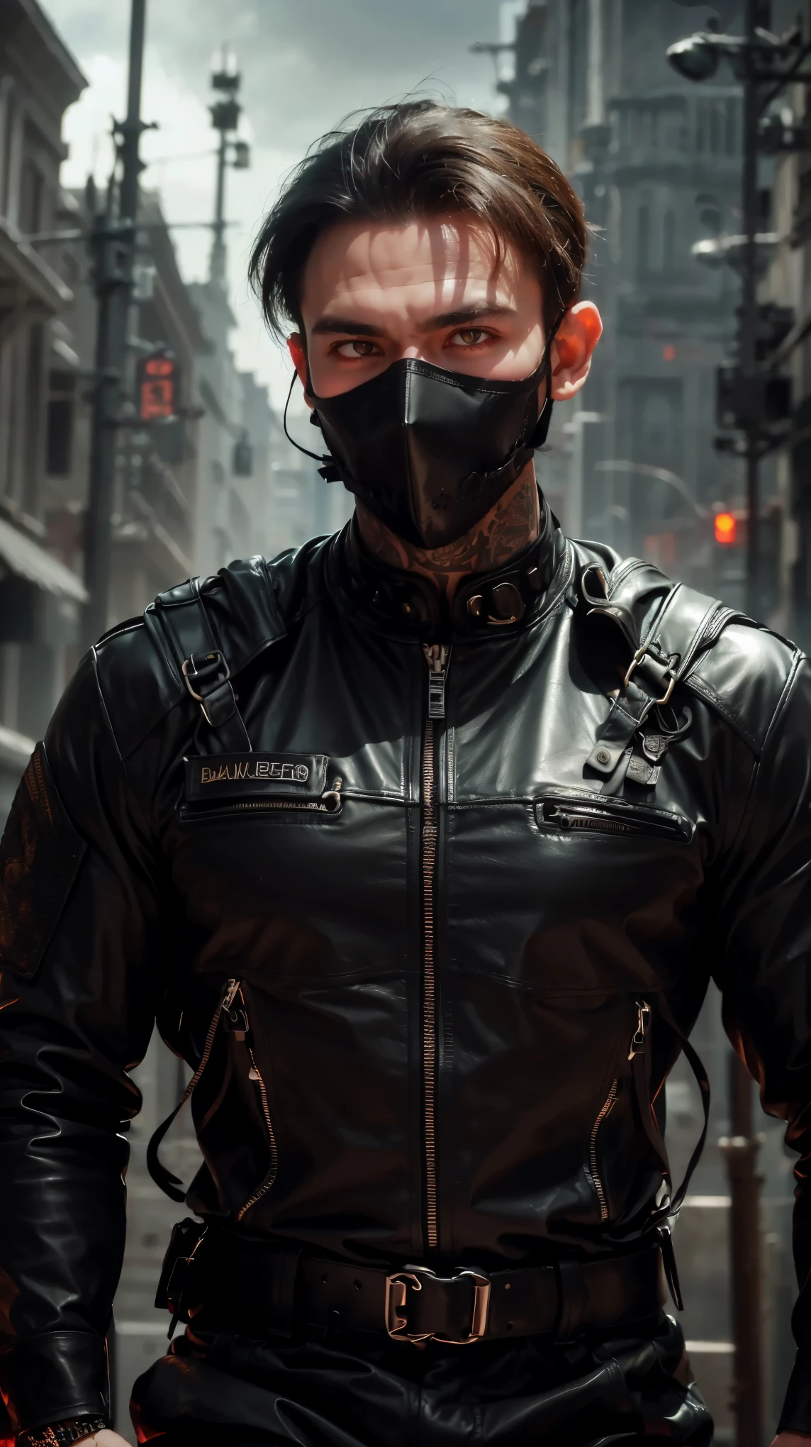 masterpiece, best quality, 1man, dark theme, (dark brown miltary hair cut), very big and very muscular male, very buff, tattoos, black tactical gear, (all black special ops uniform:1), black miltary uniform, ((face masks, covered mouth, black leather, sharp teeth)), urban street wear, stoic, deep orange eyes, dark background