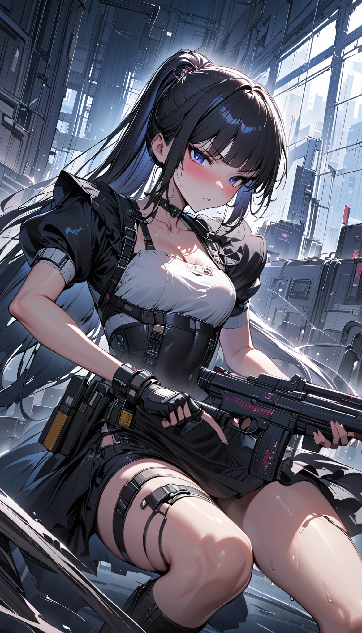 cowboy shot,1girl solo,shooting stance,Woman holding a small gun,small　taser gun,slim Female fighter ,maid outfit, collarbone, beautiful thighs．{{white puff sleeves:1.4}}, {{White short-sleeved puff-sleeved blouse:1.6}},black shoulder straps, black corset, black flared skirt, Slim body,Slim　thighs ,blunt bangs, black choker. Dynamic composition,dutch angle,{{fight}},{{masterpiece}}, {{{Highest quality}}},{{Very detailed}},holster　,Fight,,{{v-shaped eyebrows}},Bad mood,blush,Sweat,raise one's eyebrows　,Black hair Long hair,Blunt bangs　,cyberpunk　,Black fingerless gloves　,White frilled apron,ponytail,Training area,Indoor