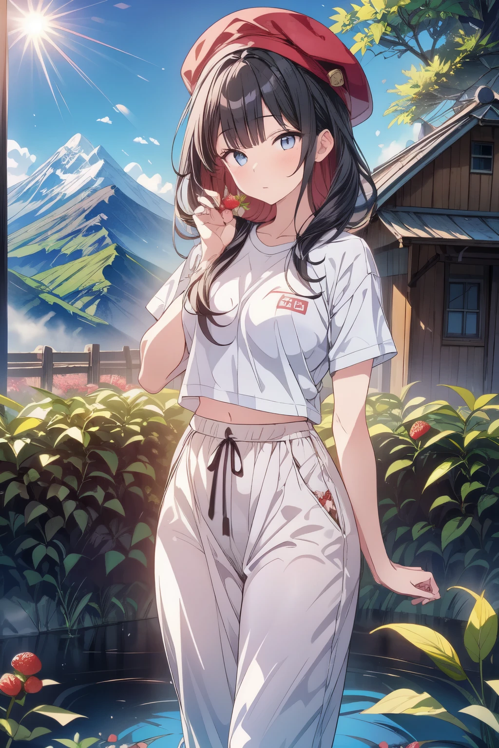 A beautiful korean girl plucking strawberry in her strawberry garden, wearing white colour t-shirt and black short trouser and wearing farmer kit, wearing hand gloves, wearing red colour hat on her clothes corner of beautiful little house, beside freeze water and behind that big glazier mountain, and sun rise on mountain , korean notice bord beside the garden