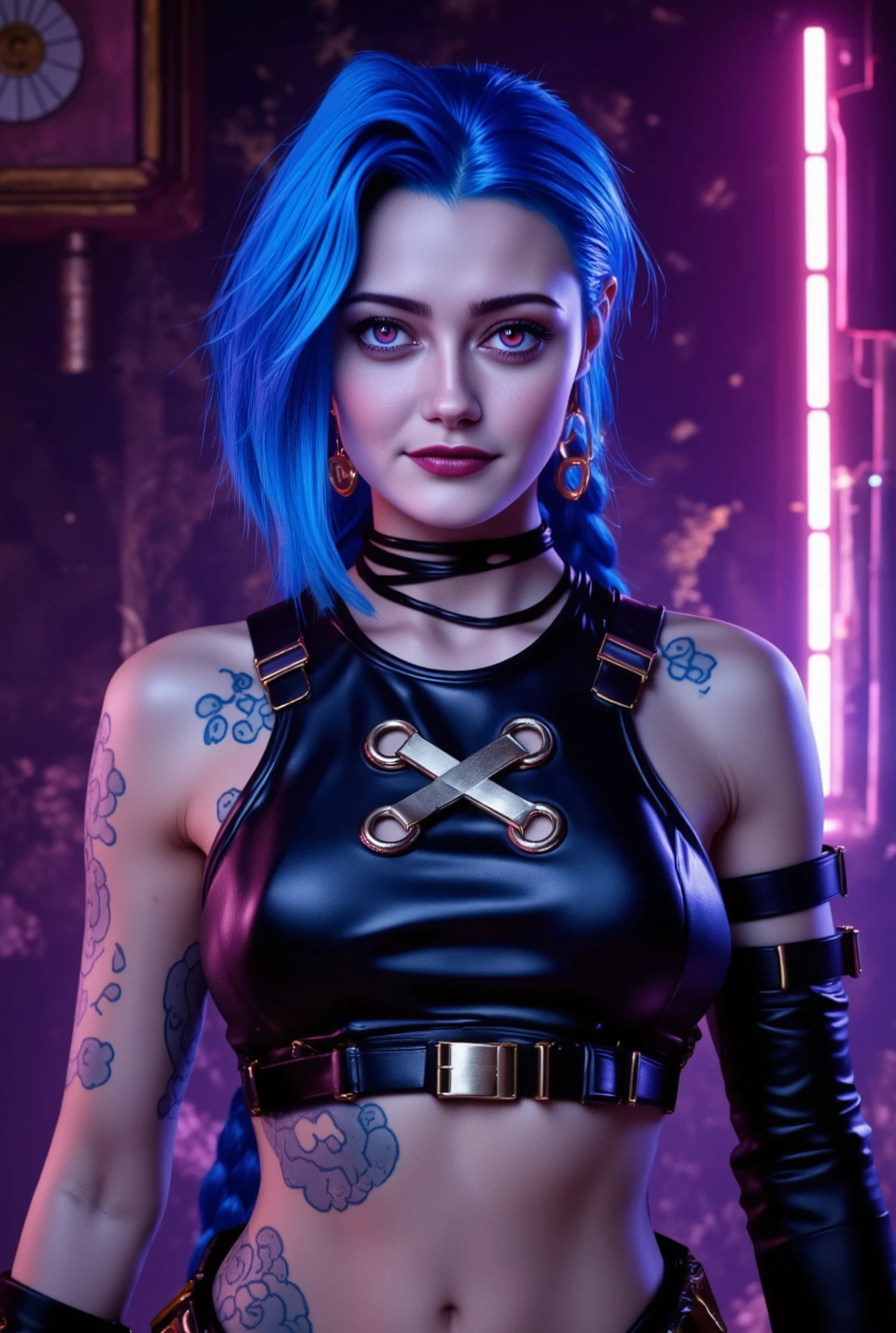 ell4purn3llflx as jinx from Arcane (j1nxflx), a portrait of a stylized, j1nxflx character with a striking 4rc4n3 appearance. The character has long, vibrant blue hair styled in braids, and intense pink eyes that stand out against her fair skin. She wears a black leather top with crisscrossed straps and a choker, exuding a tough, rebellious vibe. She has an cocky defiant smirk. Her arms are adorned with blue tattoos, adding to her distinctive look. The background dark room, light neon lighting, steampunk style, enhancing the bold and energetic feel of the image. The overall composition is centered, focusing on the character's upper body and intense gaze, creating a powerful visual impact. 