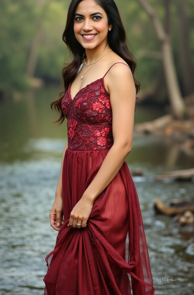 painting of a woman in a red dress standing in a river, inspired by Raja Ravi Varma, by Raja Ravi Varma, inspired by T. K. Padmini, goddess of nature, nature goddess, portrait of a beautiful goddess, godess, indian goddess, beautiful goddess, oil on canvas painting, goddess of beauty, female goddess, the goddess of love