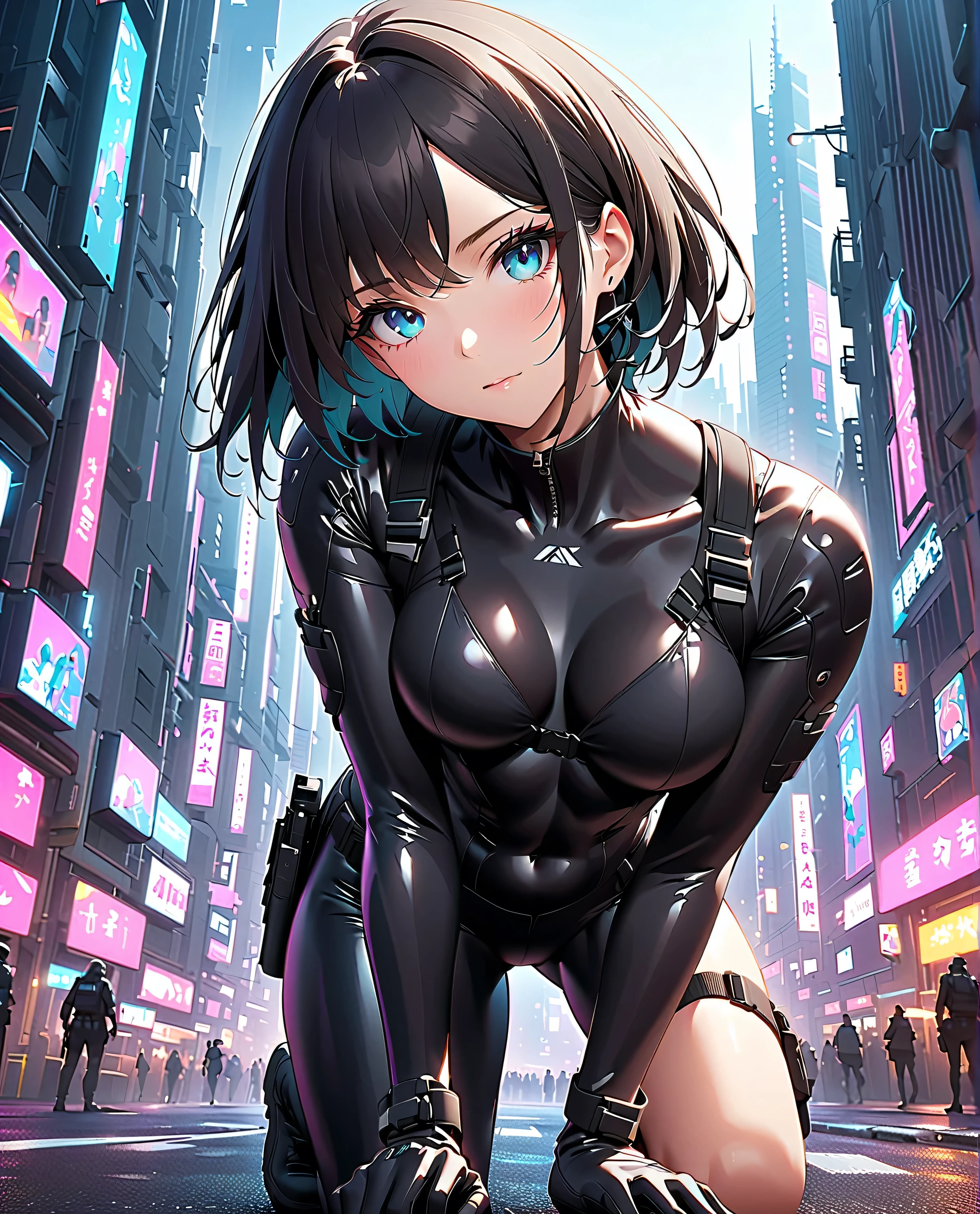anime girl in black latex posing on the street, girl in latex, cute cyborg girl, cyberpunk anime girl mech, perfect anime woman, female cyberpunk anime girl, anime cyberpunk art, oppai cyberpunk, wearing latex, biomechanical oppai, digital cyberpunk anime art, black shiny latex, visible armpits