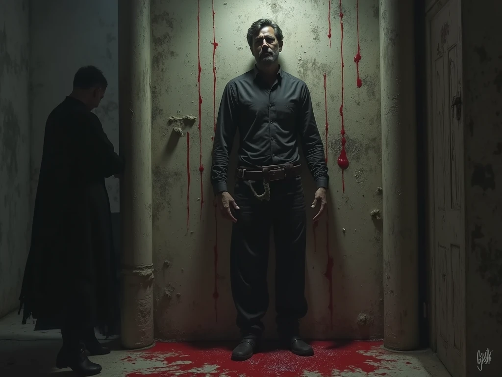 Main character :- main character without shirt with body and brown formal with white shoes and 
With a knife while cutting some one head with the flow of blood in the glass place with many dead body in the glass building in read light 
