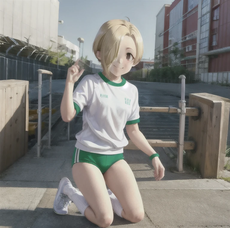 Shirasaka Koume, Alone, , The girl is wearing (Glob Ruma :1.3)  ( glove gym uniform :1.2) ( sitting on track on course ) (Holding his knees:1.38) and (smile:1.0), sneakers, white socks ,( open her mouth :0.5),,  best quality, masterpiece,  maximum details,  blonde hair ,  hair covering one eye ,  Short Hair ,  Brown Eyes ,  flat chested, Hair in the eyes,(  Perfect Hand , perfect anatomy),,  five fingers
,Daytime,Outdoor,Ground